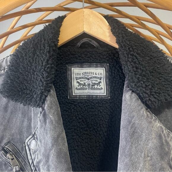 Levi's Acid Wash 💯 Cotton Sherpa Oversized Moto Denim Jean Jacket Women Large M - Picture 4 of 6